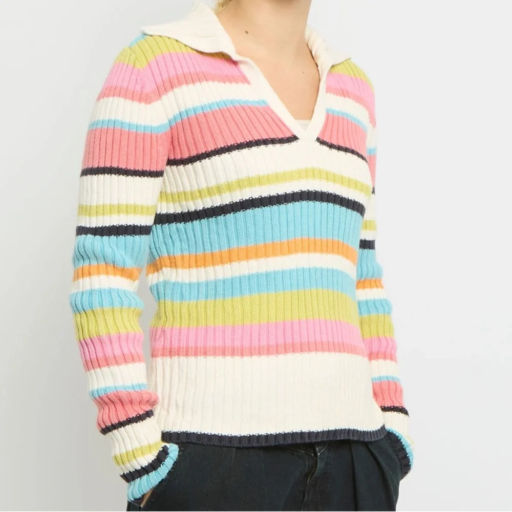 Tommy Hilfiger Stripped V Neck Collard Cozy Sweater Women Size Medium - Picture 4 of 12